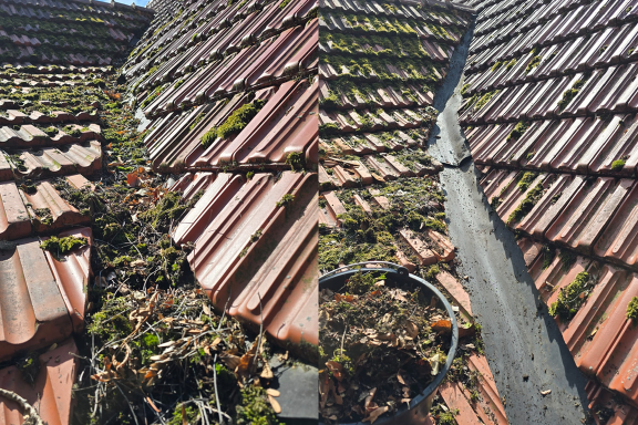 Dachrinnenreinigung beim Kunden – vorher komplett verschmutzt, nachher wieder sauber und frei.