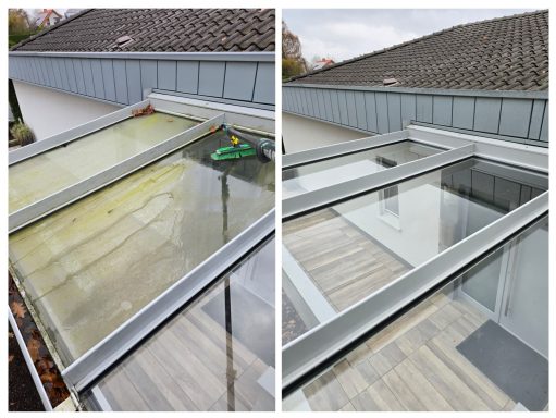 Heute war ich bei einem Kunden im Einsatz, um das Terrassendach und den Eingangsbereich gründlich vom Grünbelag zu befreien.